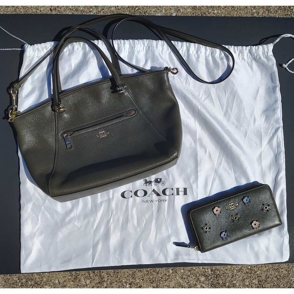 Coach 58874 Prairie Satchel Pebble Leather & Zip Around Wallet Moss Green W/ Bag